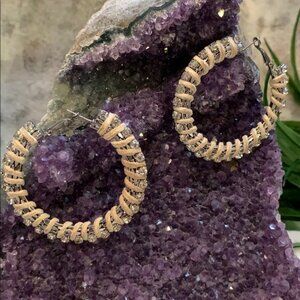 Silvertone Hoop Post Earrings Rhinestone and Leather Wrap Hinged Snapback